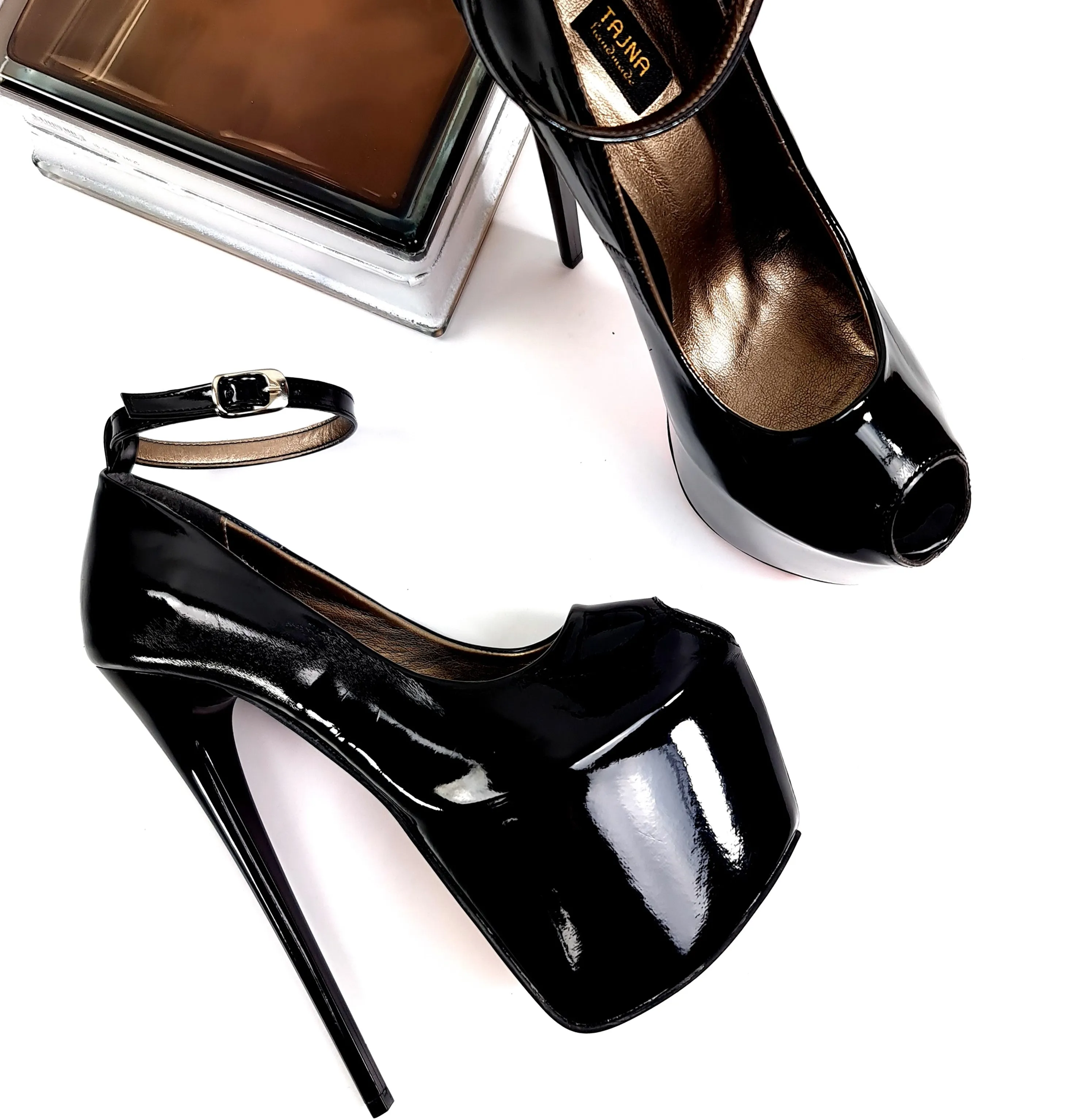 Ankle Strap Fishmouth Black Gloss High Heels