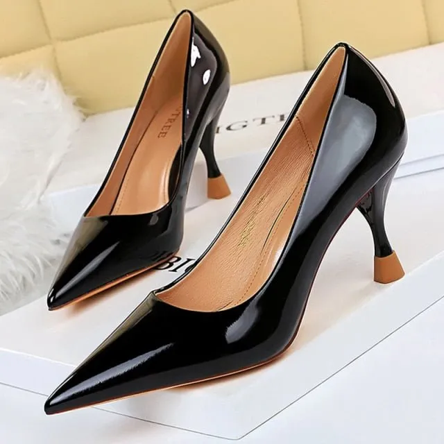 BIGTREE Classic Patent Leather Pointed Toe Stiletto Shoes