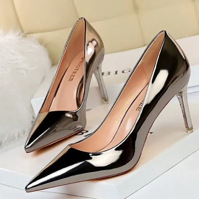 BIGTREE Classic Patent Leather Pointed Toe Stiletto Shoes