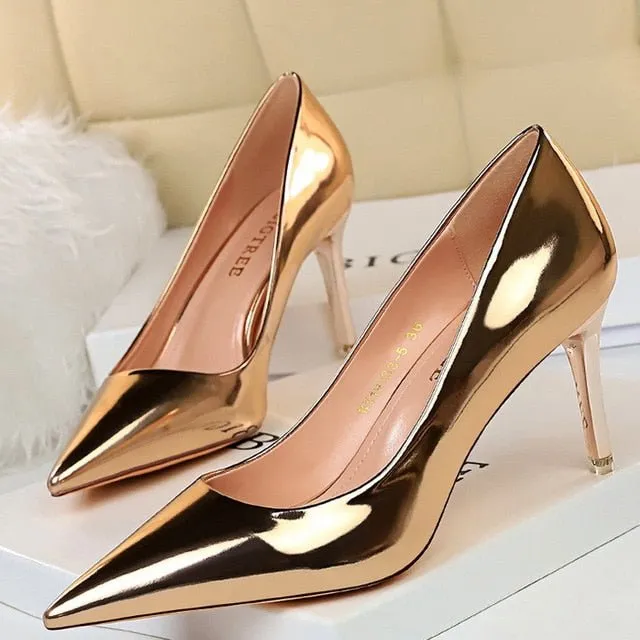 BIGTREE Classic Patent Leather Pointed Toe Stiletto Shoes