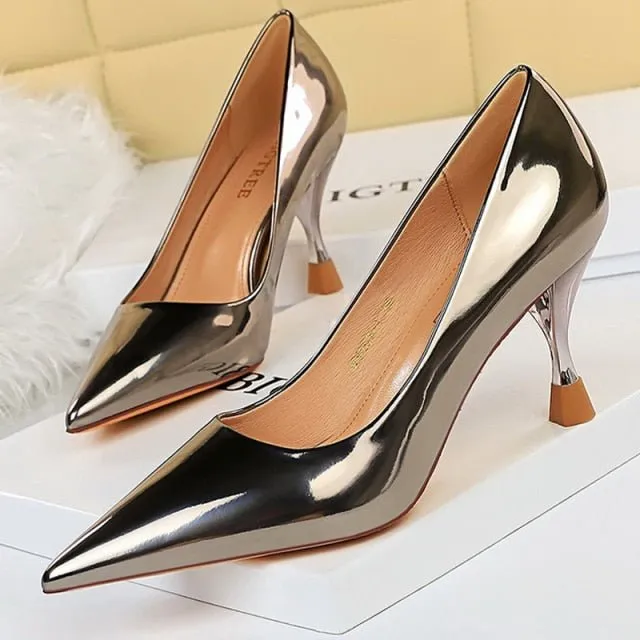 BIGTREE Classic Patent Leather Pointed Toe Stiletto Shoes