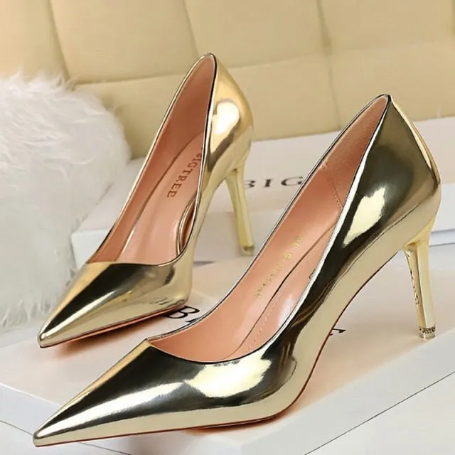 BIGTREE Classic Patent Leather Pointed Toe Stiletto Shoes