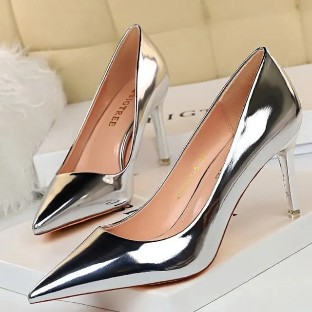 BIGTREE Classic Patent Leather Pointed Toe Stiletto Shoes