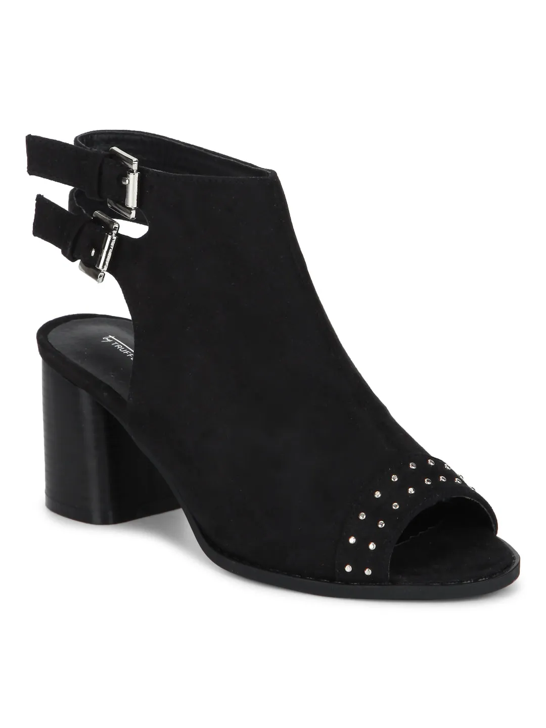 Black Microfibre Studded Back Strap Peep Toe Block Heels