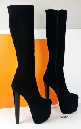 Black Strech Mid-Calf Chunky Boots