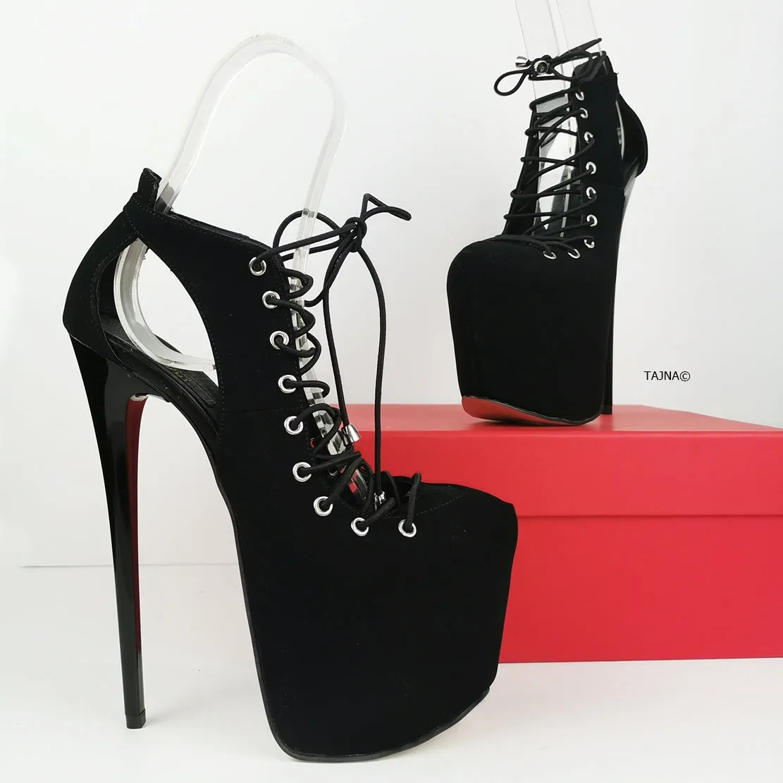 Black Suede Designer Lace Up Heels