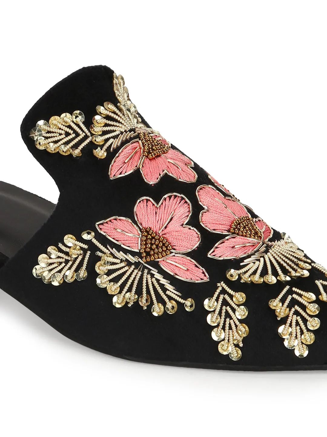 Black Suede Floral Embroidery Kitten Heel Mules (TC-SLC-MJ-14-BLK)