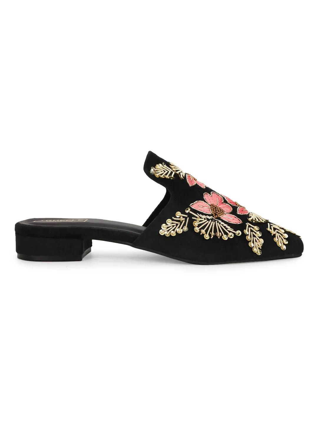 Black Suede Floral Embroidery Kitten Heel Mules (TC-SLC-MJ-14-BLK)