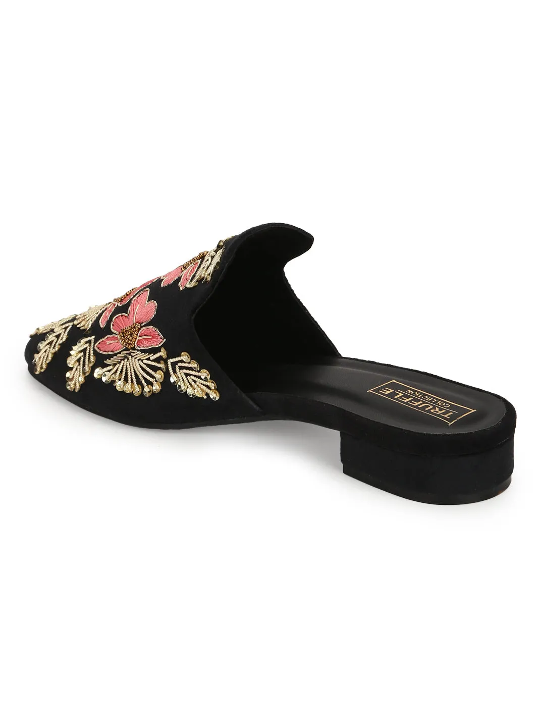 Black Suede Floral Embroidery Kitten Heel Mules (TC-SLC-MJ-14-BLK)