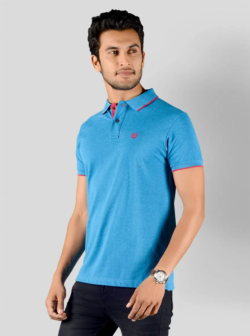 Bright Blue Solid Slim Fit Polo T-shirt | Greenfibre