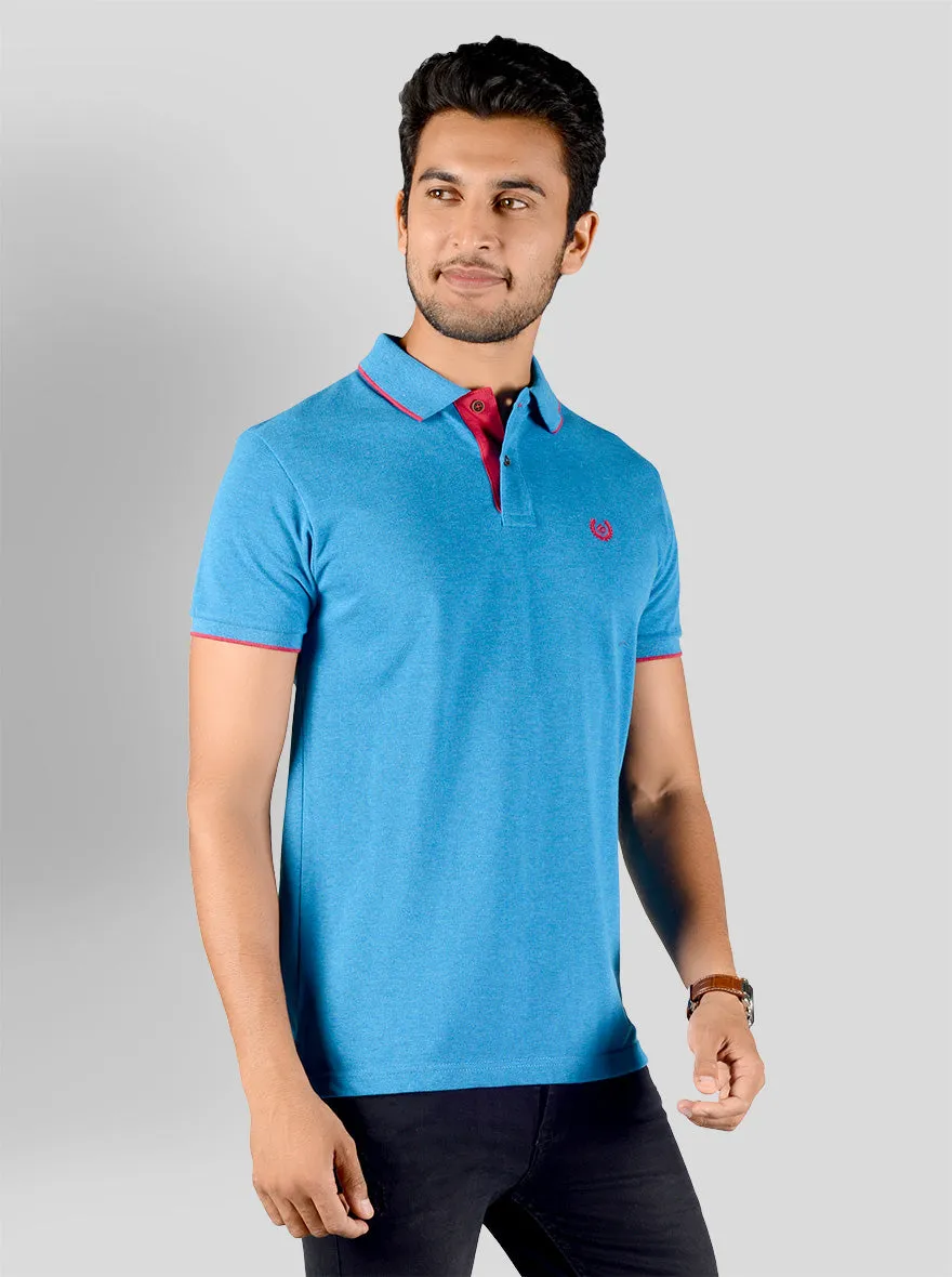 Bright Blue Solid Slim Fit Polo T-shirt | Greenfibre