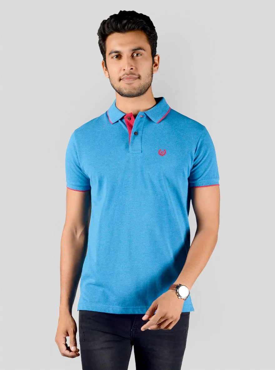 Bright Blue Solid Slim Fit Polo T-shirt | Greenfibre