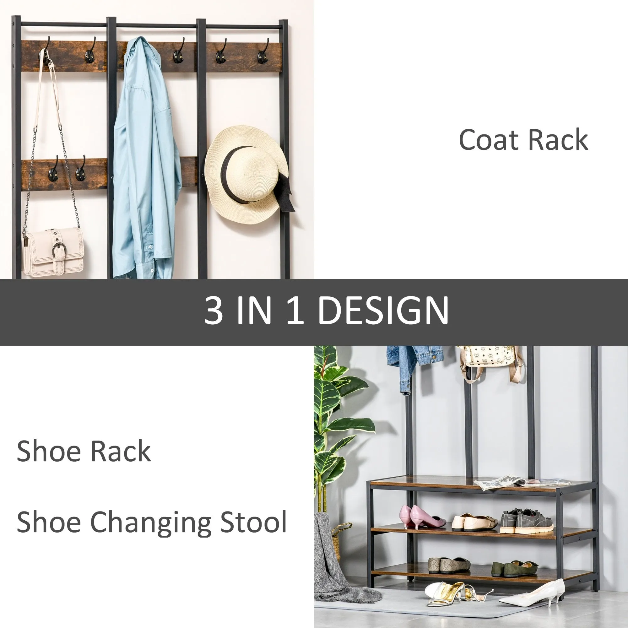 Coat Rack Stand, Free Standing Hall Tree, Coat Stand with Hooks, Bench and Shoe Rack, 100cm x 40cm x 184cm, Industrial Style, Rustic Brown and Black 3 in 1 Design Metal