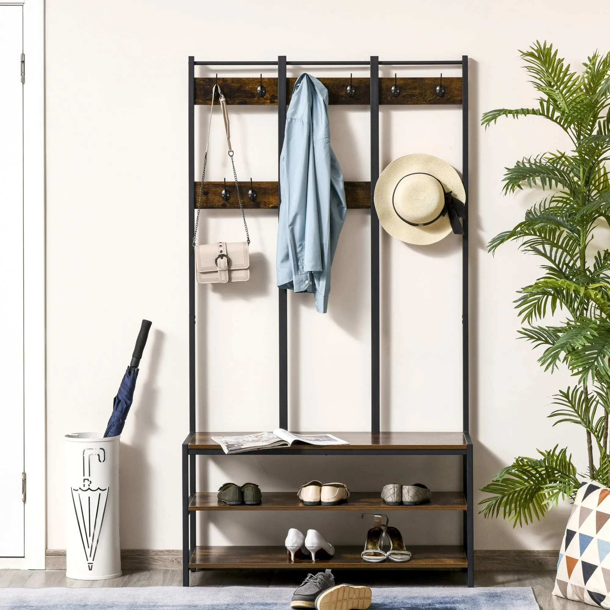 Coat Rack Stand, Free Standing Hall Tree, Coat Stand with Hooks, Bench and Shoe Rack, 100cm x 40cm x 184cm, Industrial Style, Rustic Brown and Black 3 in 1 Design Metal