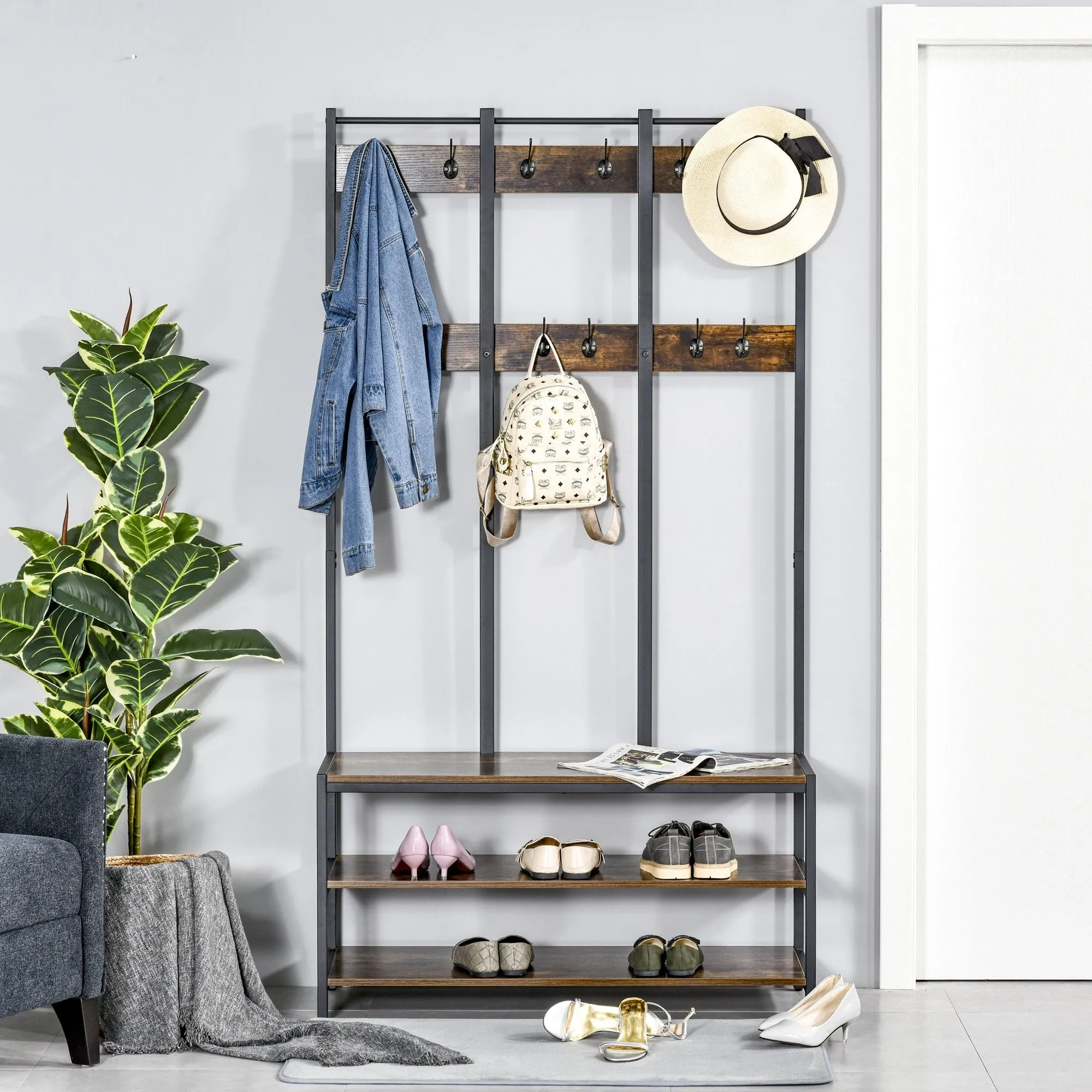 Coat Rack Stand, Free Standing Hall Tree, Coat Stand with Hooks, Bench and Shoe Rack, 100cm x 40cm x 184cm, Industrial Style, Rustic Brown and Black 3 in 1 Design Metal