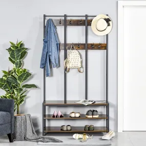 Coat Rack Stand, Free Standing Hall Tree, Coat Stand with Hooks, Bench and Shoe Rack, 100cm x 40cm x 184cm, Industrial Style, Rustic Brown and Black 3 in 1 Design Metal