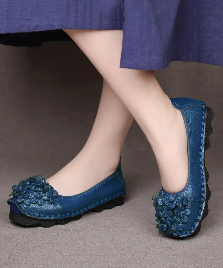 Comfortable Floral Splicing Flat Shoes Blue Cowhide Leather LY8252