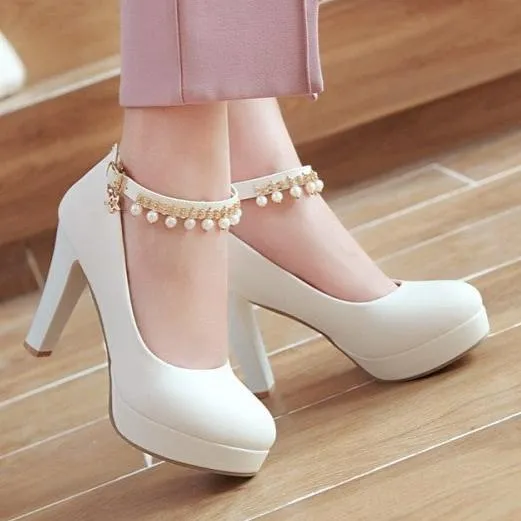 Elegant platform chunky heels pumps with pearls ankle strap