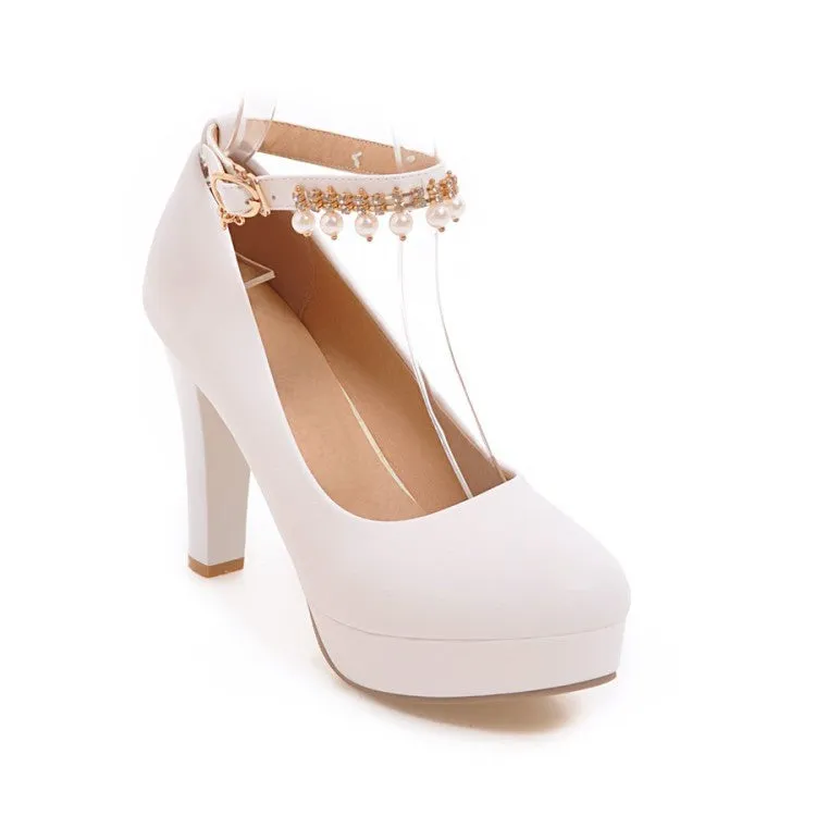 Elegant platform chunky heels pumps with pearls ankle strap