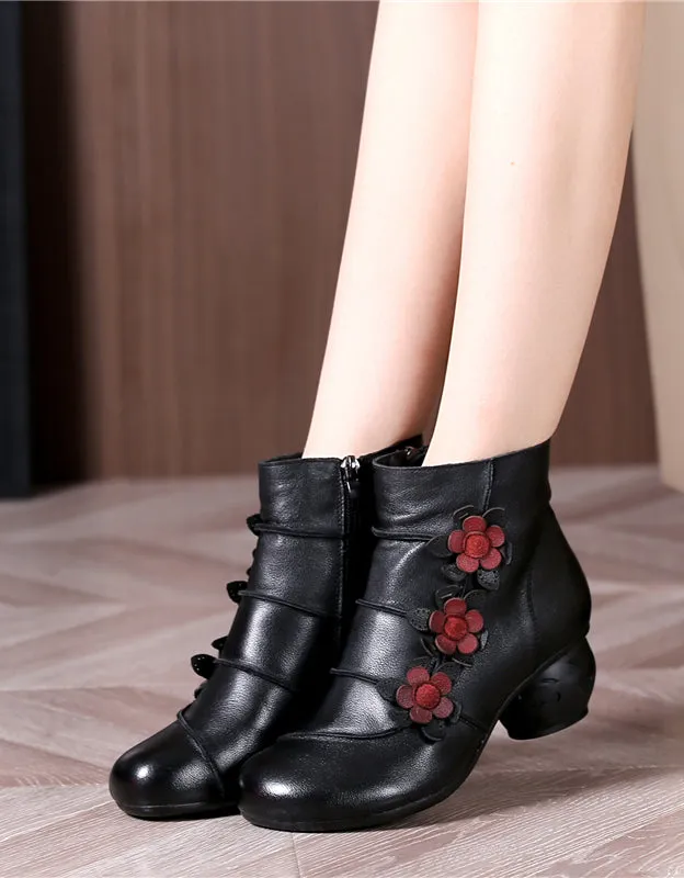 Ethic Style Side Flower Retro Elegant Chunky Heels Boots