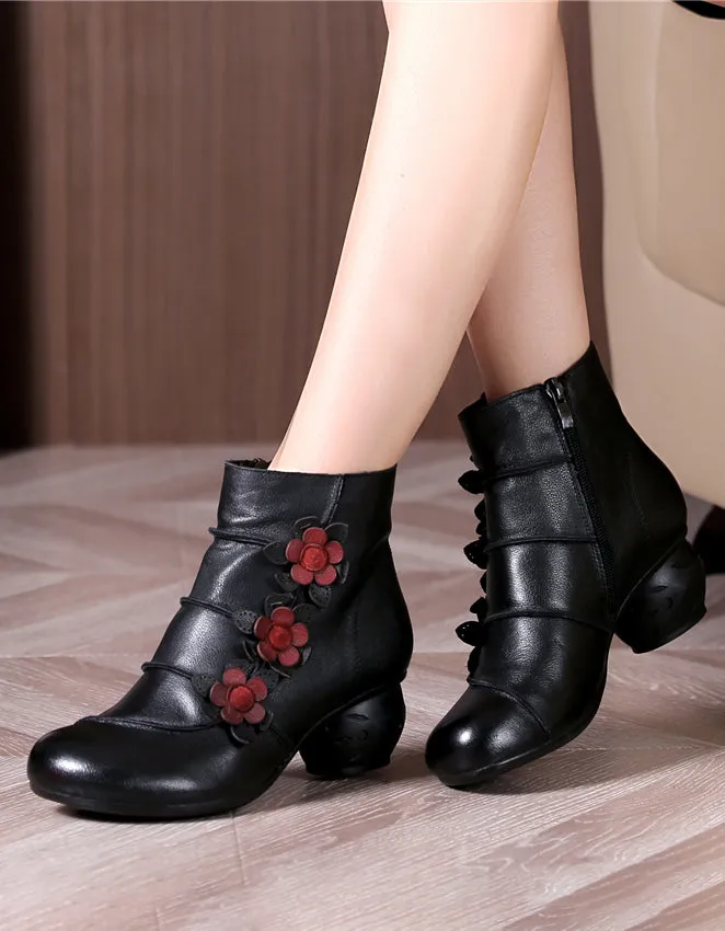 Ethic Style Side Flower Retro Elegant Chunky Heels Boots