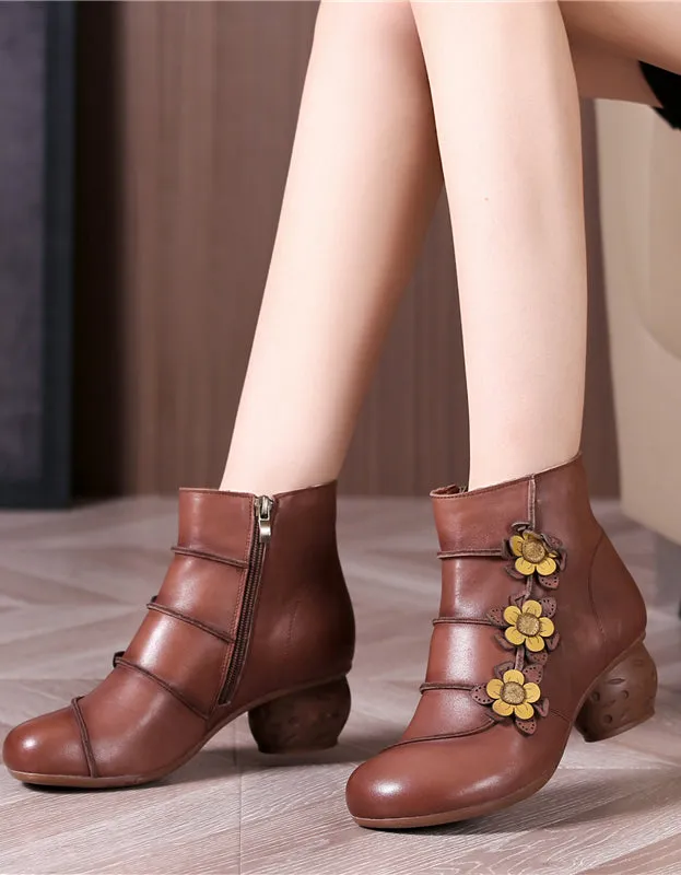 Ethic Style Side Flower Retro Elegant Chunky Heels Boots