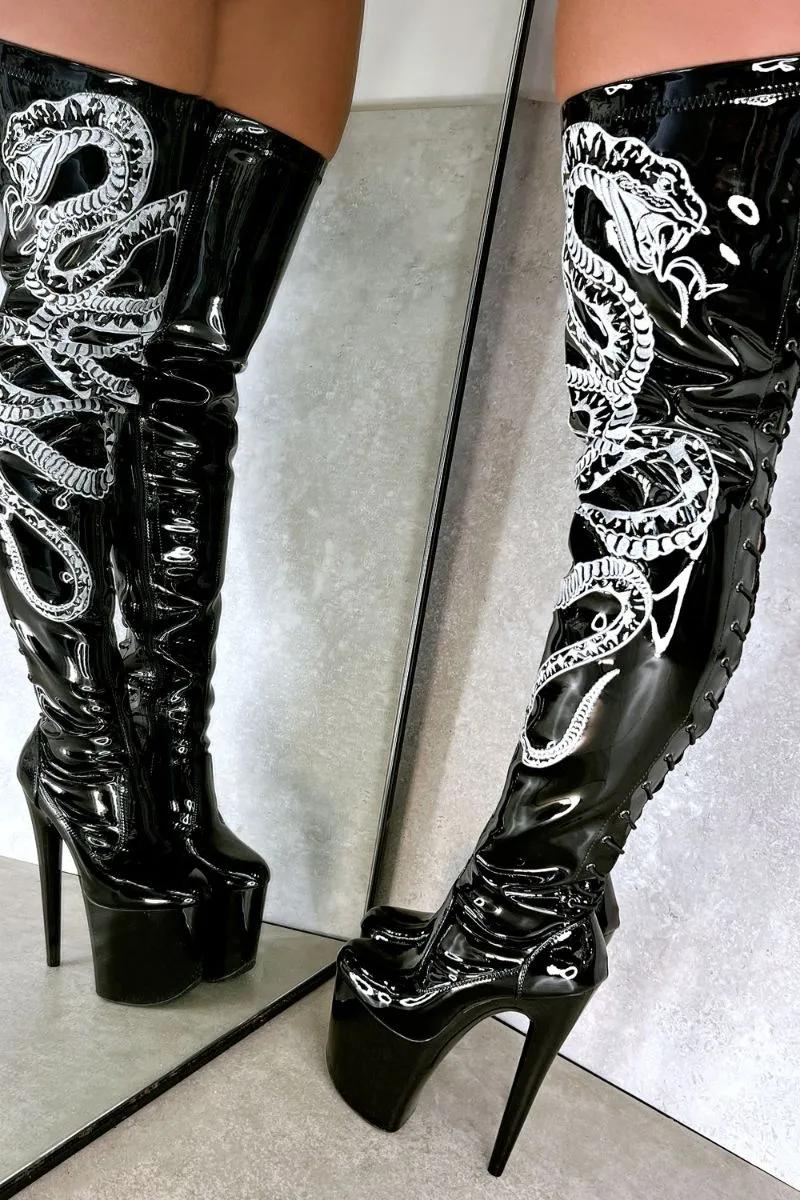 Hella Heels Thicc Thigh High 8inch Boots - Black/White Snake