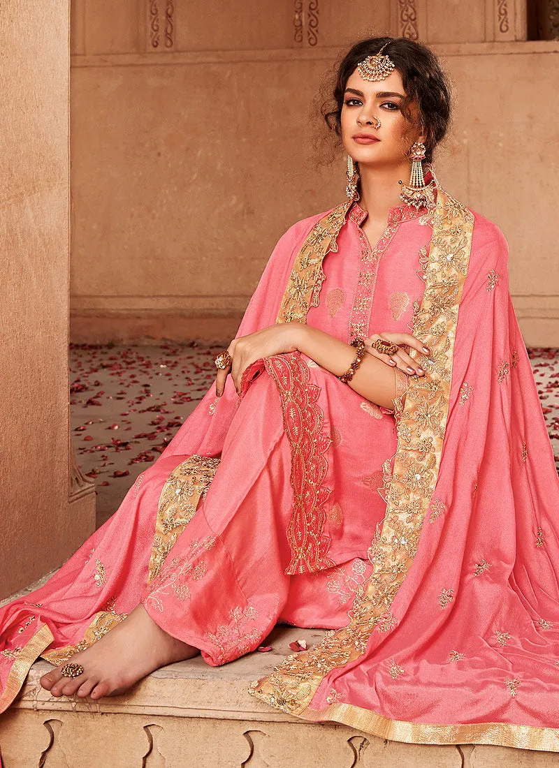 Pink Golden Embroidered Palazzo Pant Suit