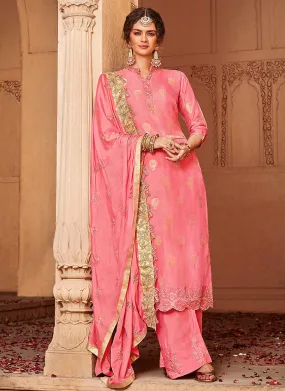 Pink Golden Embroidered Palazzo Pant Suit