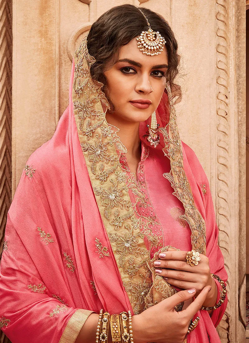 Pink Golden Embroidered Palazzo Pant Suit