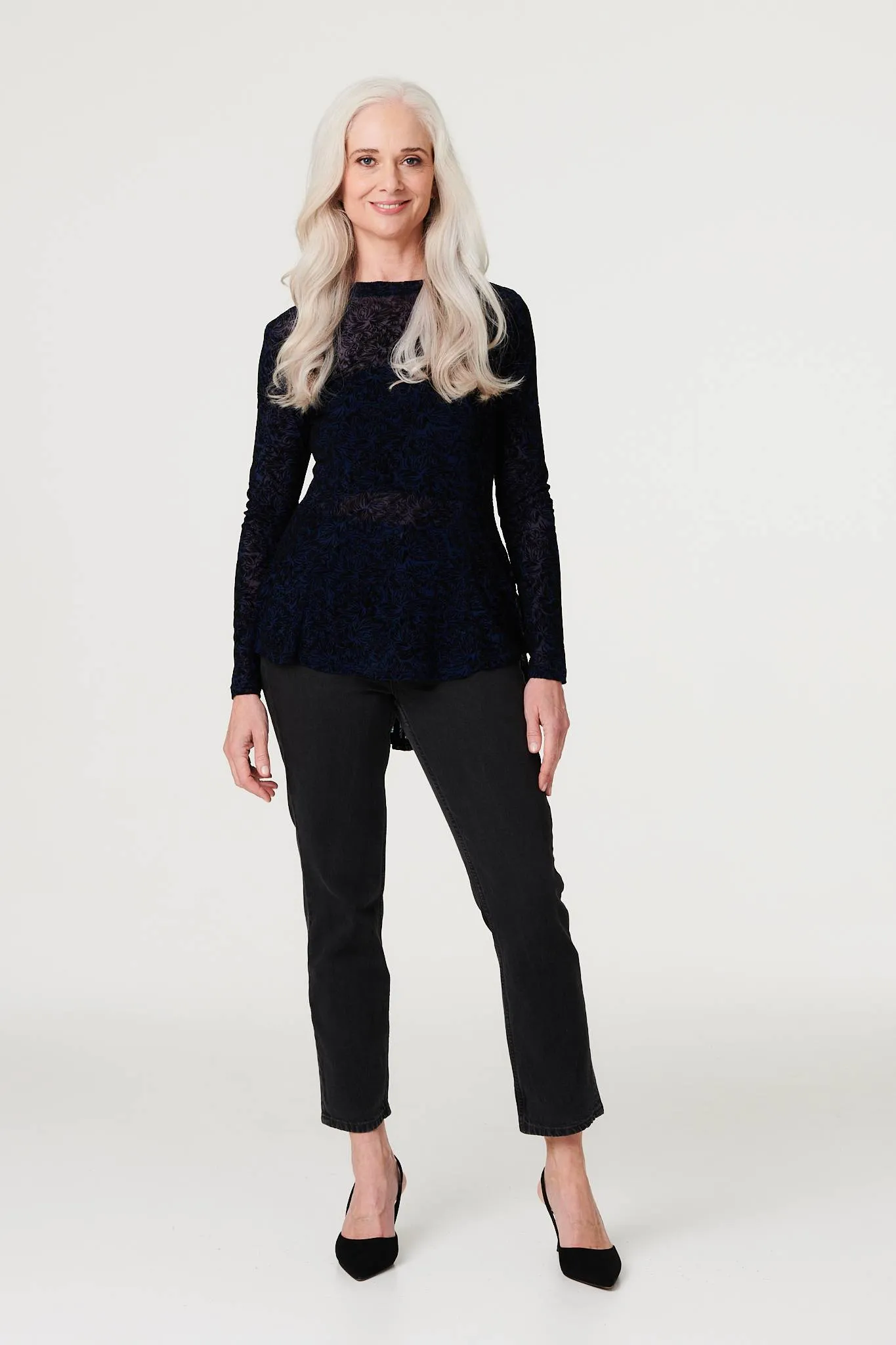 Sheer Lace Long Sleeve Peplum Top