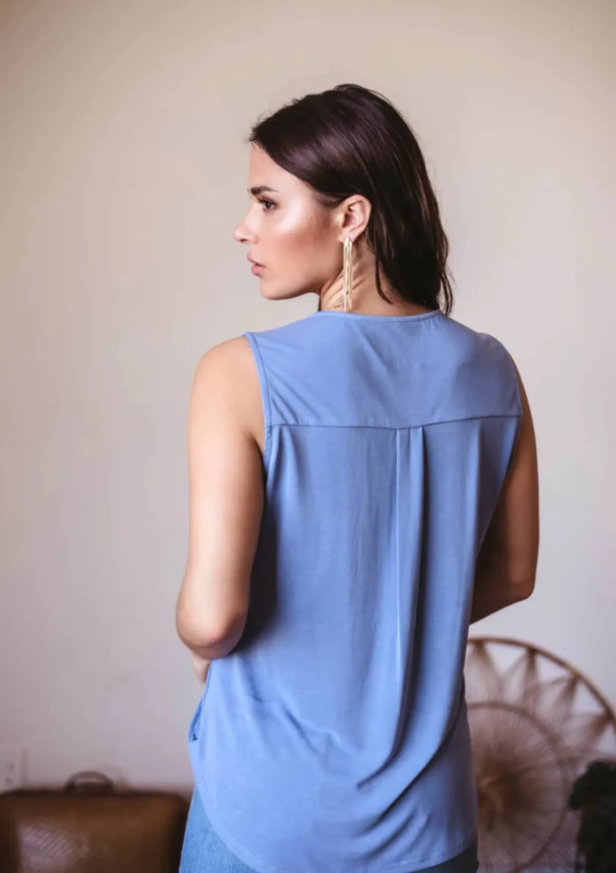 Sleeveless Cupro Surplice Top - Denim