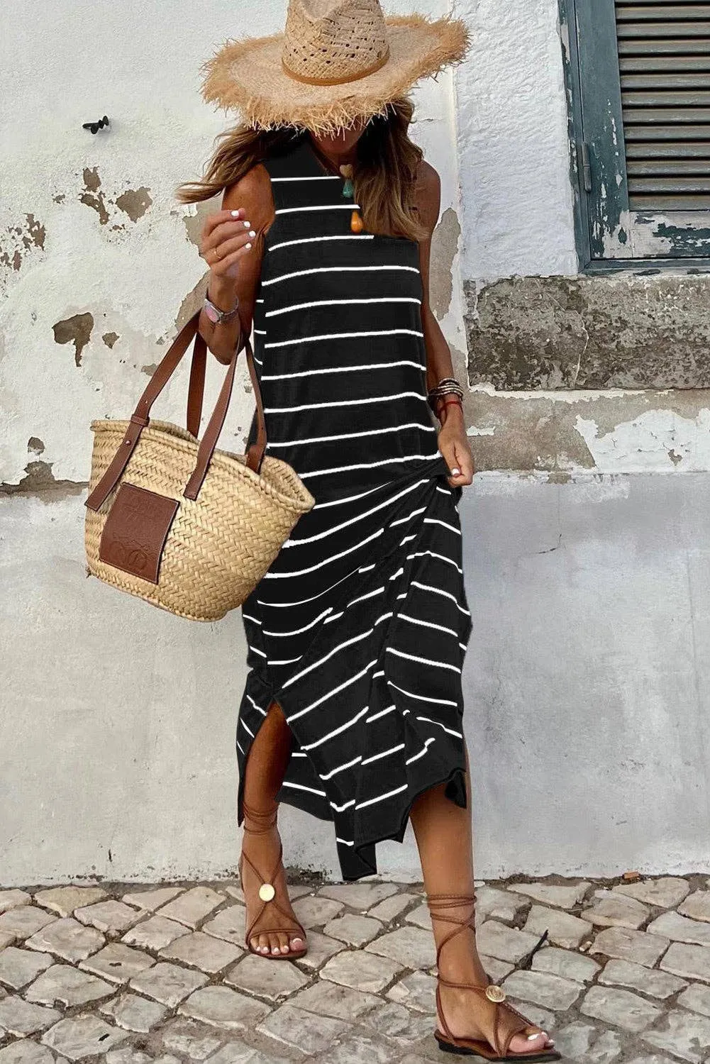 Sleeveless Striped Maxi Dress (Brown & Black)