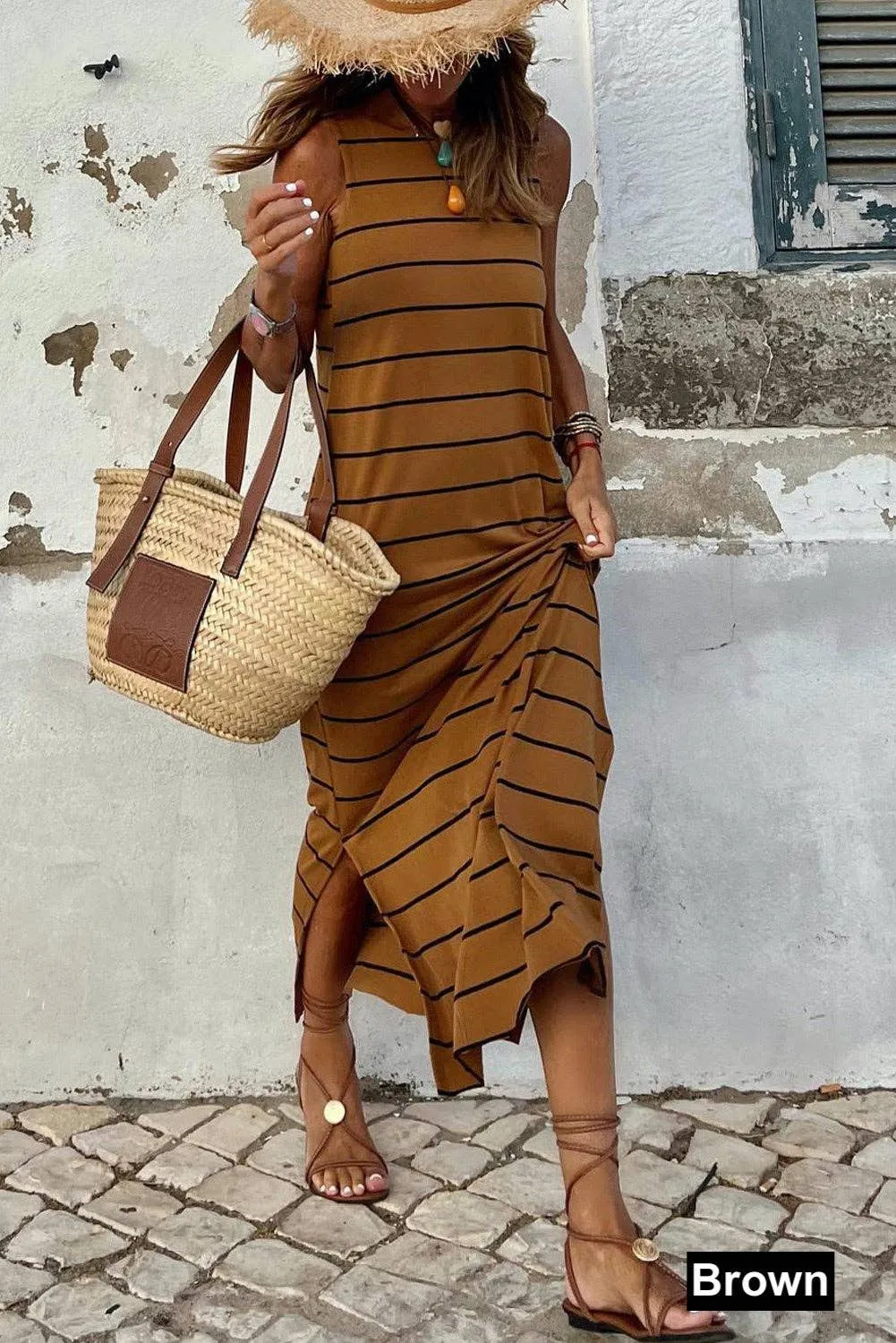 Sleeveless Striped Maxi Dress (Brown & Black)