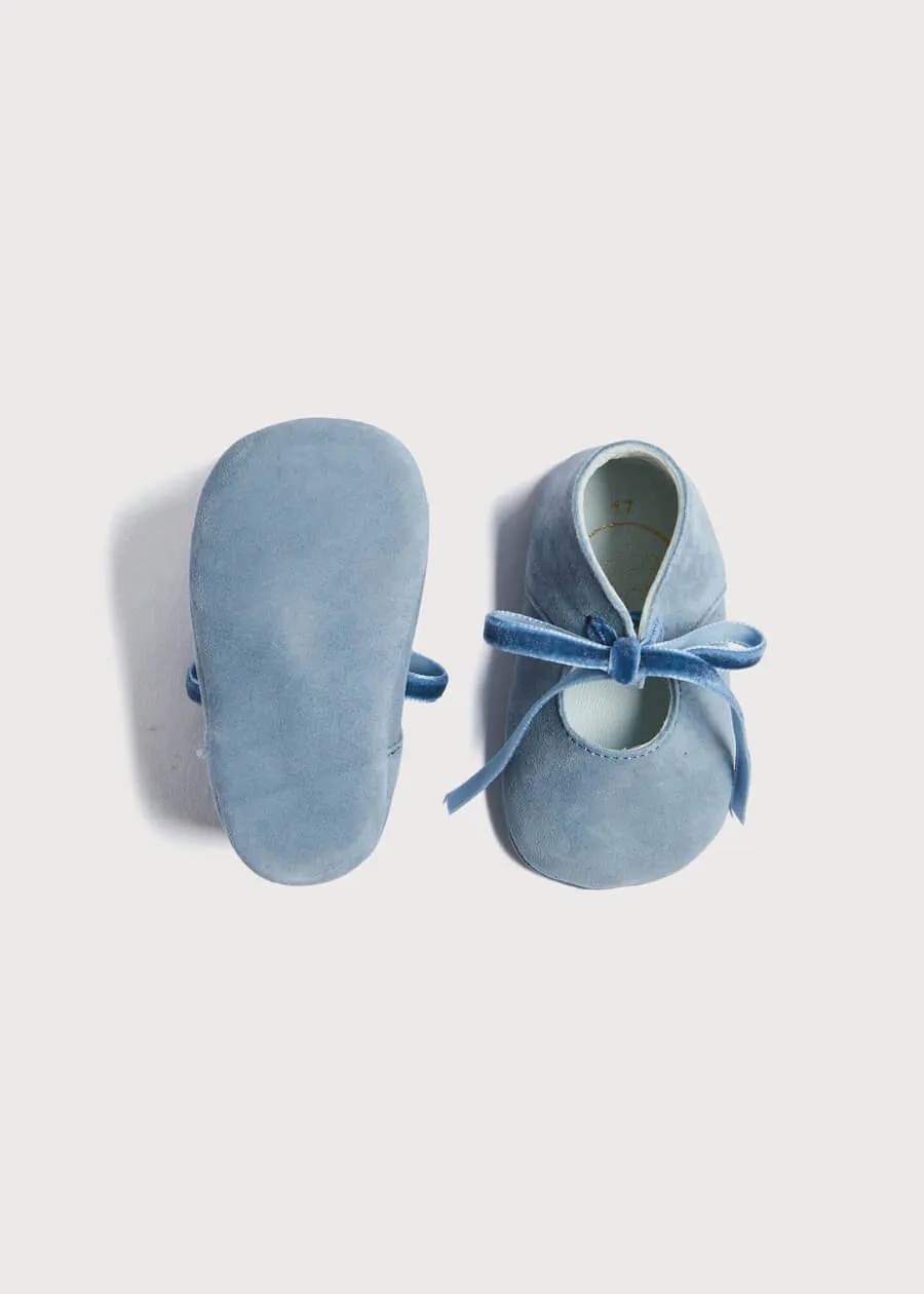 Suede Velvet Ribbon Pram Shoes in Blue (17-20EU)