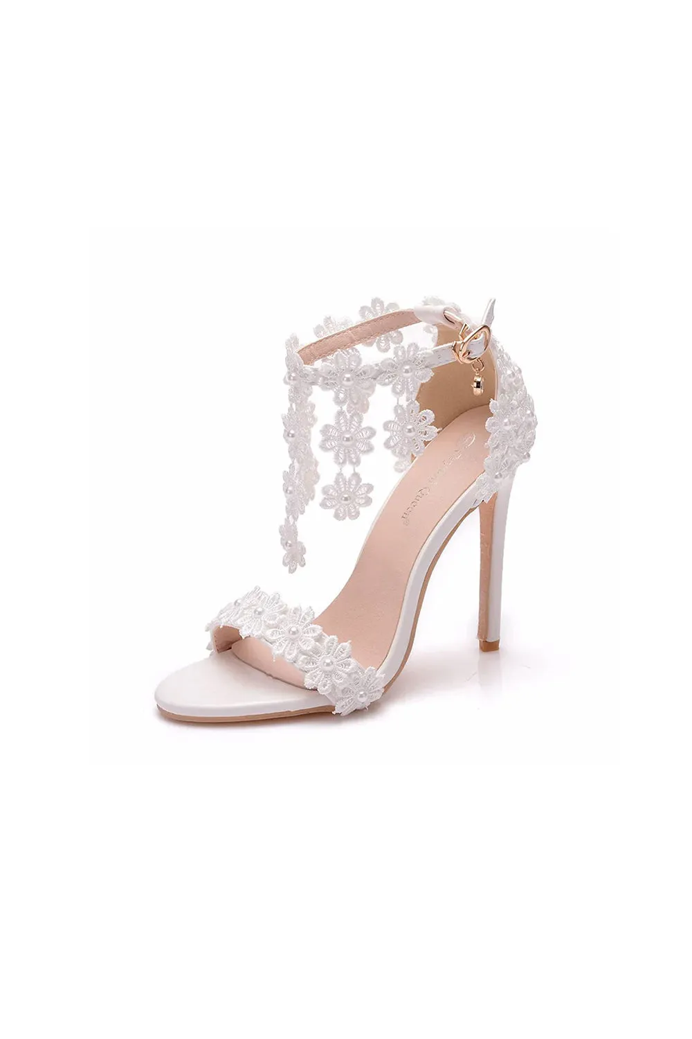 White Lace Flowers Tassels Open Toe Ankle-strap Ultra High Heels