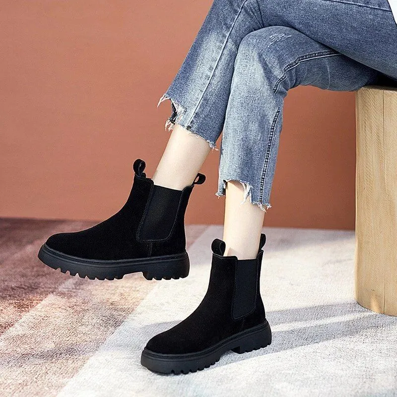 Women Winter Chelsea Boots Suede Leather Comfortable Ankle Shoes