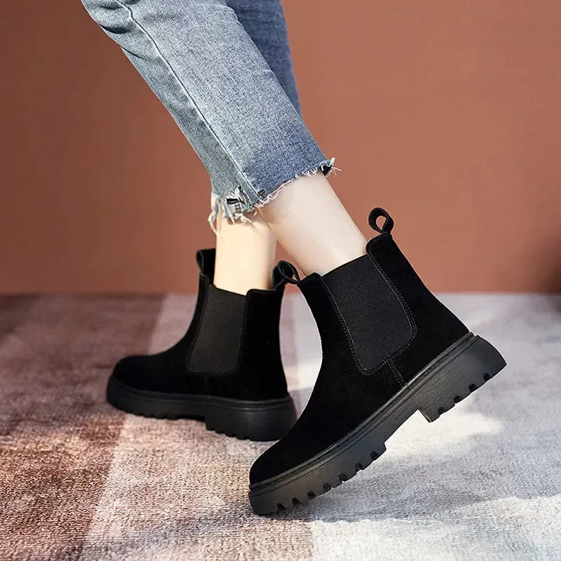 Women Winter Chelsea Boots Suede Leather Comfortable Ankle Shoes